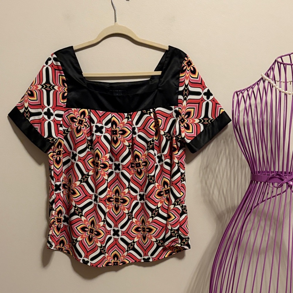 Maurice Sasson Geometric Print Square-Neck Blouse in Pink and Black